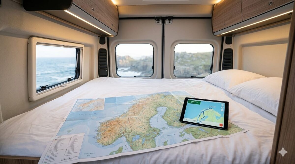 Schlafbereich mit Doppelbett und Ausblick