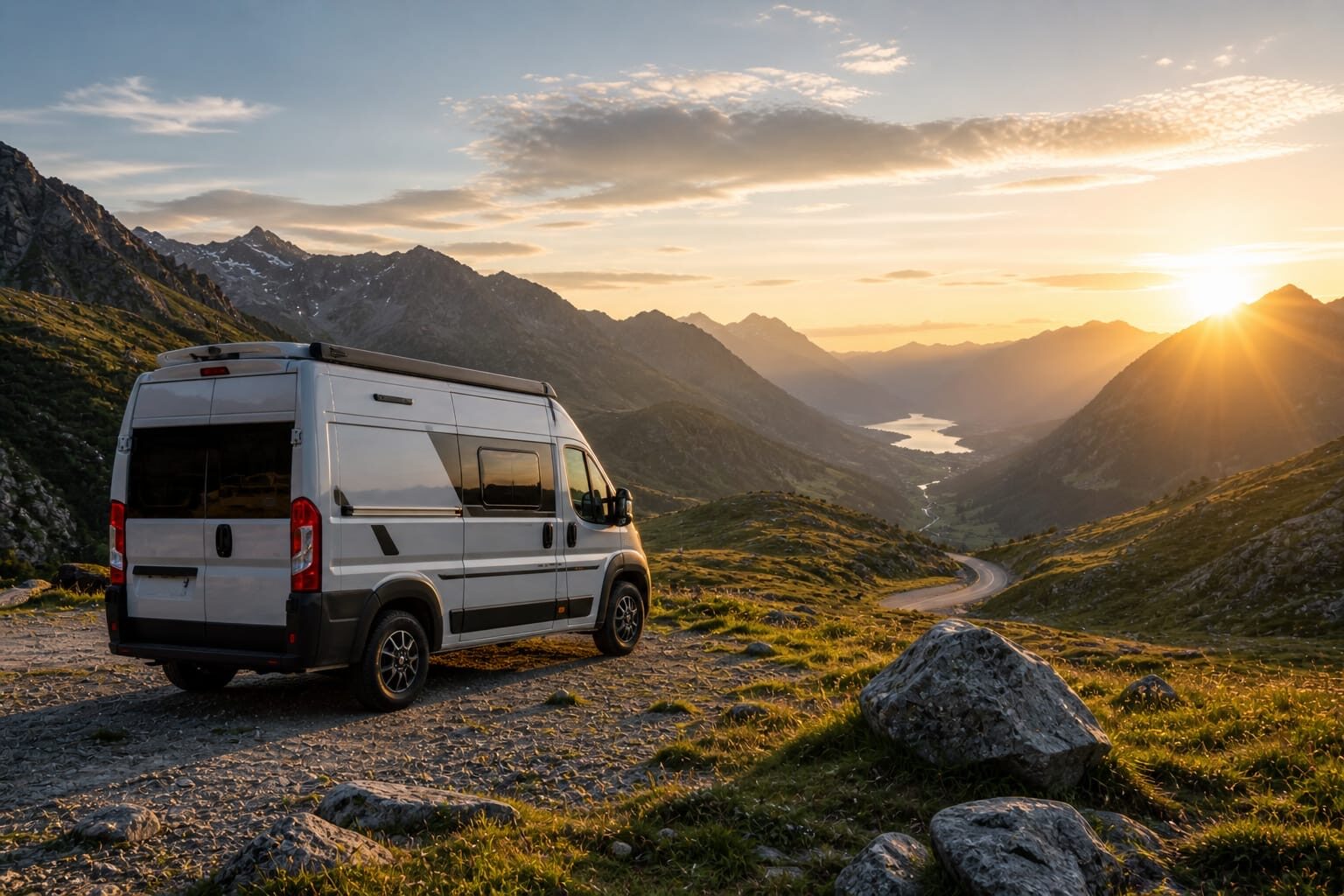 Camper am Bergpass bei Sonnenuntergang — Kohlreiter Mobility OG